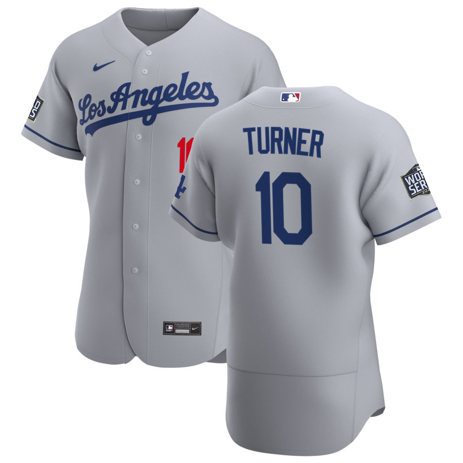 Los Angeles Dodgers #10 Justin Turner Men Nike Gray Road 2020 World Series Champions Authentic Team MLB Jersey->los angeles dodgers->MLB Jersey